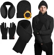 [QBilooty] Hat, Scarf, Glove & Thermal Earmuffs Set of 4, Winter Hat, Scarf, Gloves, Earmuffs Set for Men, Women, Boys and Girls, Black, black, Durchschnittsgröße