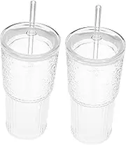 Cabilock 2Pcs Glass Cups with Straw and Lid Transparent Beverage Mugs for Iced Coffee Tea and Juice Practical and Easy to Clean Drinkware for Home and Office