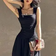 Sleeveless Square Neck Plain Maxi A-Line Dress Black - L