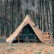 Pyramid Tent Multi-Person Family Glamping Waterproof Double Layers Teepee Tent with Stove Hole