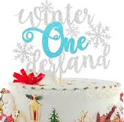 Sparkling Winter Onederland Snowflake Birthday Cake Topper - Glittery Silver and Blue Snowflake Theme Decorations for First Birthdays and Winter Celebrations (Blue)
