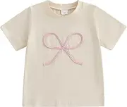 [KtwHarnu] Kids Toddler Baby Girl Summer Clothes Bow Embroidery Short Sleeve T-Shirts Pink/Red Casual Tees Tops