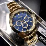 在飛比找遠傳friDay購物優惠-BOSS44mm圓形金色精鋼錶殼寶藍色錶盤精鋼金色錶帶款HB