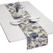 Cotton Table Runner, Blue Flower Table Runners 12 x 52 Inch Cream White & Blue