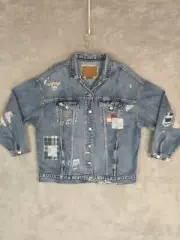 American Eagle Boyfriend Jean Jacket XL Blue Patchwork Distressed Oversized