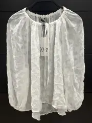 Zara Womens Sheer White Blouse Long Sleeve Tie Front Size XS
