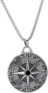 [Spiritrain] Stainless Steel Compass Pendant Necklace for Men Women Boys Girls Retro Handmade Circle Medal Navigator Forged Travel Adjustable Chain Necklace for Birthday Festival Party Fashion Jewelry Gifts
