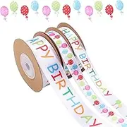 MAMUNU 3 Rolls Happy Birthday Ribbon, 3/5" and 1" Wide Birthday Cake Ribbon White Satin Polyester Ribbon, for DIY Birthday Craft, Gifts Wrapping, Bow Making(30Yds) (3 roll)