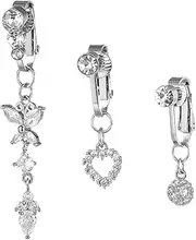 [Lucktao] Pack of 3 fake belly button piercings, stainless steel silver fake piercing, with butterfly heart CZ pendant, women's belly button piercing clip, fake piercing belly button jewellery,