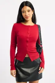 Red Button Front Top Long Sleeve - Size 14L, Women's Top