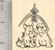 Christmas Cat and Dog Kissing under the Mistletoe Rubber Stamp J19407 WM
