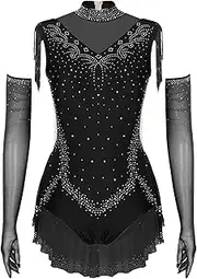 [TiaoBug] Women 2Pcs Latin Dance Outfit Sleeveless Tassel Bodysuit with Gloves for Jazz Salsa Rumba