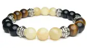 Crystal Gemstone Bracelet - Handcrafted - Natural Yellow Calcite, Black Onyx and Tiger Eye 8mm