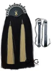 Men's Scottish Antique St Andrew Badge Black Horse Hair Sporran Two White Tassel