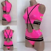 Schminke pleasure suit Pole dance wear set wet look top bottoms straps neon