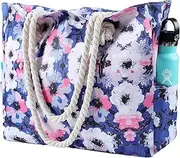[Tavaleu] Beach Bags for Women - Large Beach Women Sandproof Tote Bag for Pool Gym Grocery Travel, Blue & White