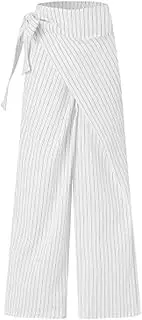 [DSAoTeng] Women Striped Waist Side Tie Knot Straight Wide Leg Pants-Casual Loose Fit High Waist Relaxed Fit Trousers for Workwear Travel