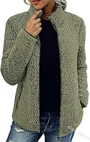 [HanzhuoLG] Women's Plush Fleece Warm Jacket With Solid Color Stand Collar And Full Zipper Design army green L