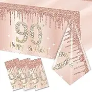 Excelloon 3 Pcs 90th Birthday Tablecloth Decorations for Women, Pink Rose Gold Happy 90 Theme Table Cover Party Supplies, Ninety Year Old Plastic Disposable Rectangular Cloth Decor