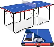 SereneLife Midsize Portable Ping Pong Table Set with Net, Clipper, Post - 6’ x 3’ Foldable Space-Saving Design, Blue