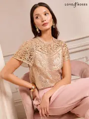 Love & Roses Blush Pink Metallic Short Sleeve Lace Shell Top (AN2238) | $120