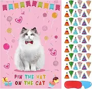 Pin The Hat On The Cat Party Game Cat Birthday Party Games for Kids, Cat Birthday Party Supplies Decorations for Girls Boys, Large Cat Poster with 54 Hat Stickers