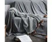 Soft Acrylic Knitted Blanket Feather PomPom Throw Rug 130x160cm Light Grey
