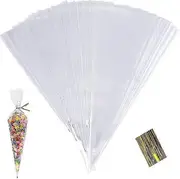 Kincjon 100pcs Clear Cone Bags, Sweets Cellophane Treat Bags, 25x13cm Plastic Candy Triangle Bags With Twist Ties For Food