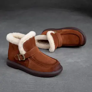 【Vecchio】真皮雪靴 短筒雪靴/真皮頭層牛皮保暖真毛內裡皮帶釦造型短筒雪靴(咖)