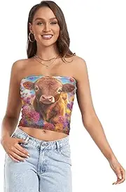 [RPLIFE] Cute Highland Cow Flowers Field Crop Top Strapless Cami, Sheer Tube Tops, Trendy Crop Tops (S)