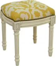 Vanity Stool Jacobean Floral Flowers Backless Antique White Wash Mustard Yellow