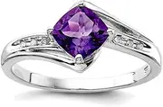 [JewelryWeb] 925 Sterling Silver Polished Prong set Rhodium Plated Diamond and Amethyst Square Ring 2mm Wide Band Style-Ring for Women