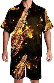 [KQNZT] Men's Hawaiian Shirts and Shorts Set, Men's 2 Pieces Shirt Sets, Vacation Outfits for Men, Classical Music Instrument Saxophone, Men Short Sets Outfits
