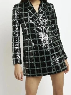 New Blazer Playsuit Green Check Sequin Long Sleeve Party Christma Playsuit UK 8.