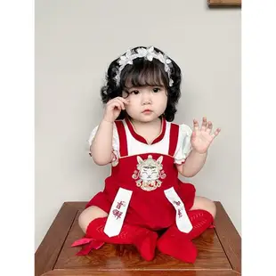 周歲女寶禮服滿月百天女寶寶衣服夏季嬰兒紅色中國風百日宴連體衣