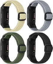LHXYUO 4 Pack Adjustable Elastic Braided Sport Bands Compatible with Fitbit Charge 4 / Charge 3 / Charge 4 SE, Soft Loop Stretchy Straps Replacement Wristbands for Women Men