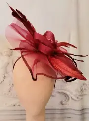 Victorian Trading Burgundy Bow & Feather Fascinator Headband Hat 43c