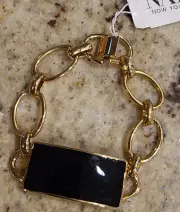 New! NAPIER Vintage Chain Link Bracelet Black Enamel Gold Tone Signed Rectagle