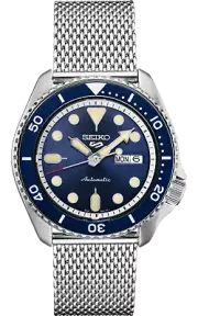 New Seiko 5 Sports Automatic SRPD71 Blue Sunray Day Date Steel Bracelet Watch