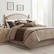 Madison Park Palisades Comforter Set Modern Faux Suede Pieced Stripe Design, All Season Down Alternative Cozy Bedding with Matching Shams, Decorative Pillows, Cal King(104"x92"), Brown 7 Piece