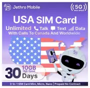 Jethro Mobile Prepaid SIM Card Kit Unlimited Talk Text, 10GB Data a Month 5G LTE