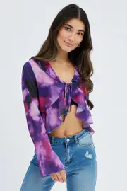 Purple Abstract Top Long Sleeve V Neck Tie Ruffle Abstract Chiffon - Size 14, Women's Top