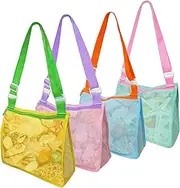 Kiddisie 4 Pack Beach Toy Mesh Bag Kids Shell Collecting Bag Totes with Zipper for Holding Shells Beach Sand Toy for Boys and Girls