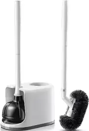 Heavy Duty Toilet Plunger & Brush Set with Caddy - Space-Saving White Design