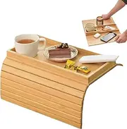 Generic Foldable Bamboo Couch Arm Tray Table, Modern Polished, Brown, 13.3"L x 2"W x 16.3"H, Non-Slip, Customizable Positioning, Drinks, Remote, Phone, Snacks, General Organization