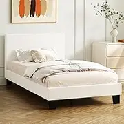 Oikiture Single Bed Frame with Plywood Slats and Boucle Fabric Bed Base Mattress Platfrom White