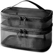 Double Layer Makeup Bag, Large Mesh Travel Cosmetic Pouch with Double Zipper, Vertical Make up Bag, Multifunctional Toiletry Bag for Makeup Brushes (Black)