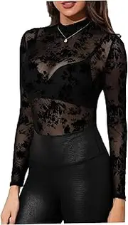 [Whyzsjnclg] Mesh Long Sleeve Tops for Women, Fitted Sexy Sheer Tops Women, Lightweight Breathable Black for Night Club