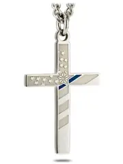 Men's Stainless Steel Flag Cross with Thin Blue Line Necklace-Proverbs 30:5