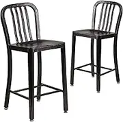 Flash Furniture Commercial Grade 2 Pack 60.9 cm High Black-Antique Gold Metal Indoor-Outdoor Counter Height Stool with Vertical Slat Back